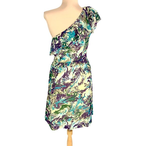 One-Shoulder Abstract Print Ruffled Dress Knee-Length Purple Watercolor Size M - Picture 6 of 12